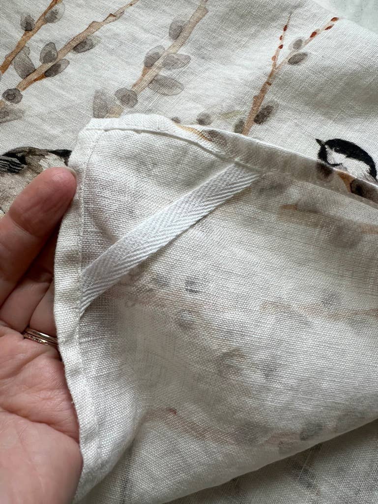 Kasey Melissa Art - Black Capped Chickadees and Pussy Willows - Linen Tea Towel