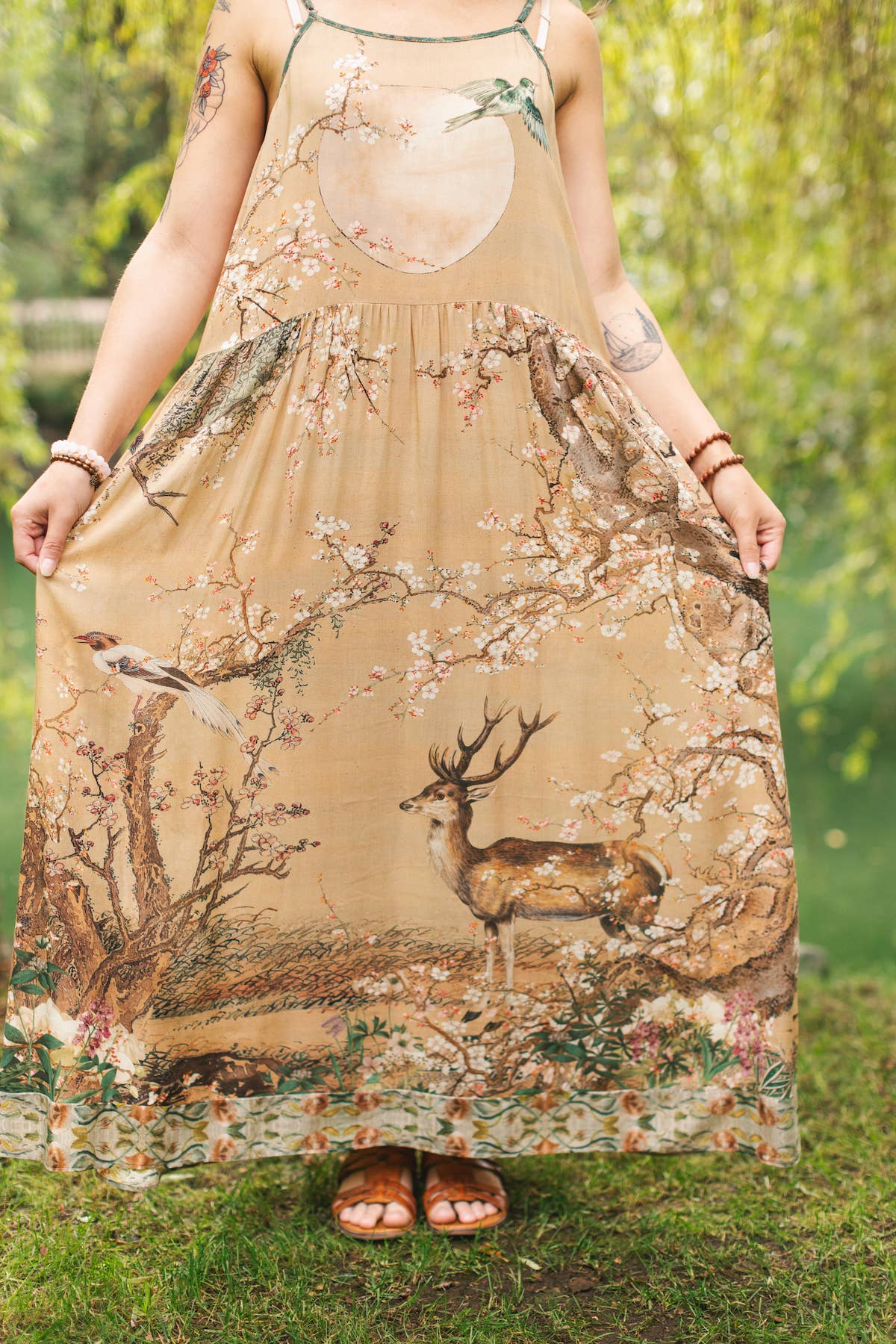 Market of Stars (USA) - Fable Bohéme Long Maxi Slip Dress w/ Blossoms, Deer & Moon