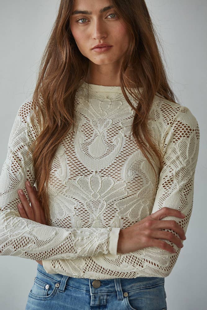 By Together - S1228 | Knit Seamless Jacquard Mock Neck Long Sleeve Top