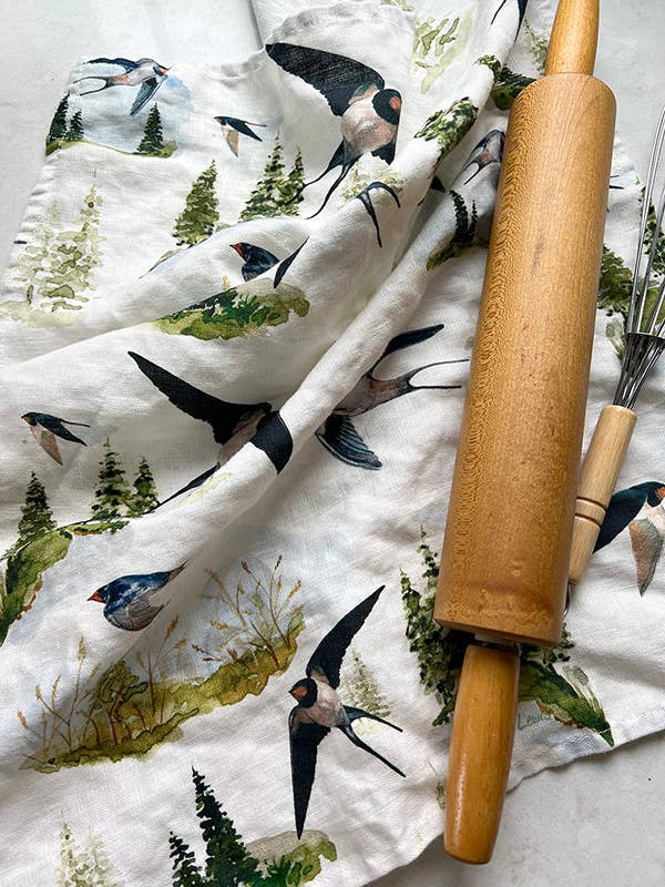 Kasey Melissa Art - Barn Swallow and Pines - Linen Tea Towel