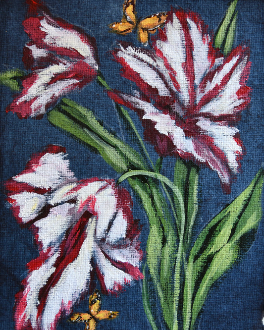 Red Tulips on Blue Print