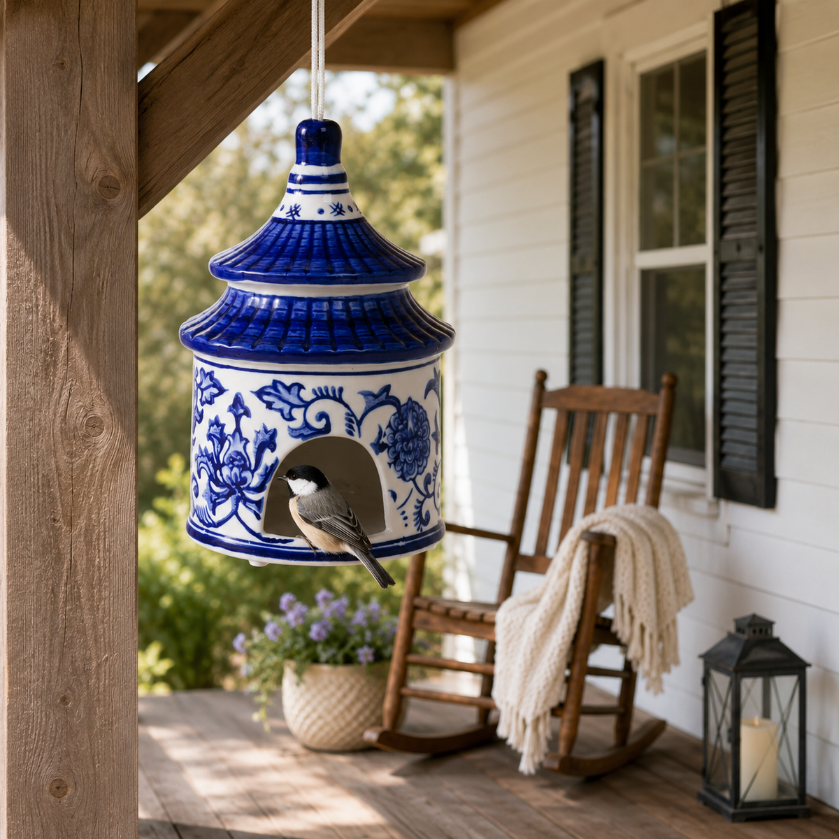 Sagebrook Home - Bird House - White/Blue Ceramic Chinoiserie, 8 in.