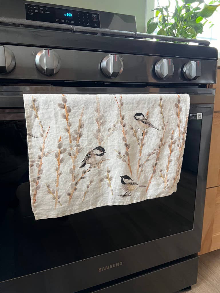 Kasey Melissa Art - Black Capped Chickadees and Pussy Willows - Linen Tea Towel