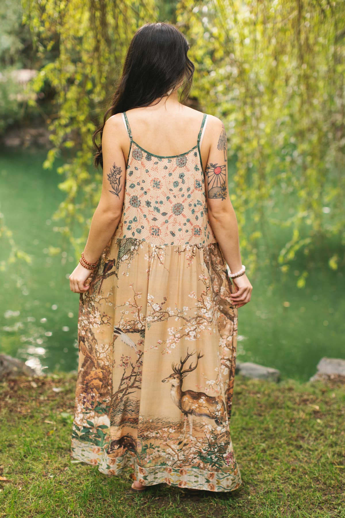 Market of Stars (USA) - Fable Bohéme Long Maxi Slip Dress w/ Blossoms, Deer & Moon