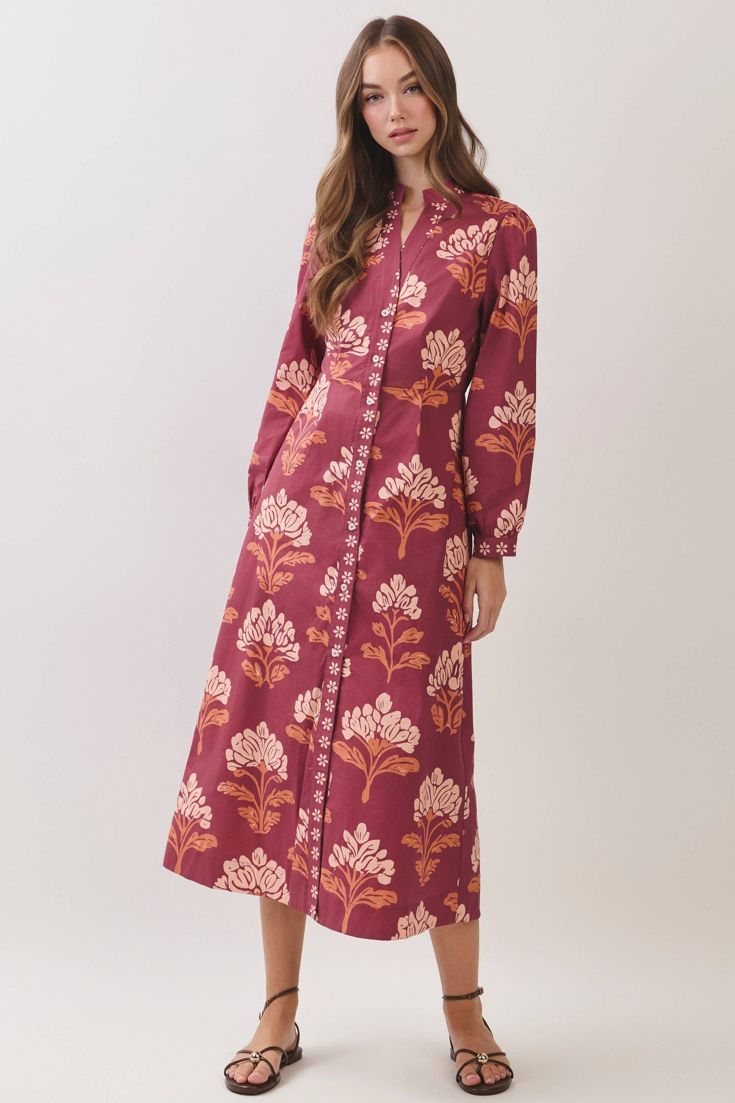 TCEC - CD07442-Floral Print Shirt Midi Dress