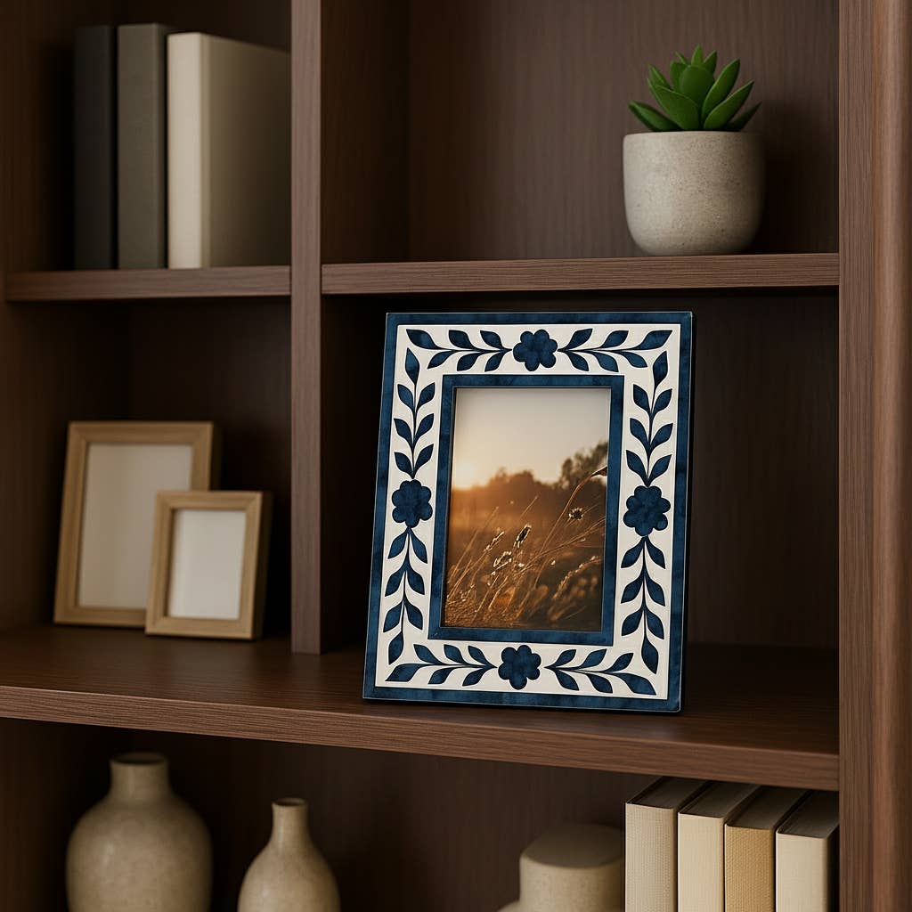 Sagebrook Home - Picture Frame - Blue Resin/Wood Floral Petals, 4x6 in.
