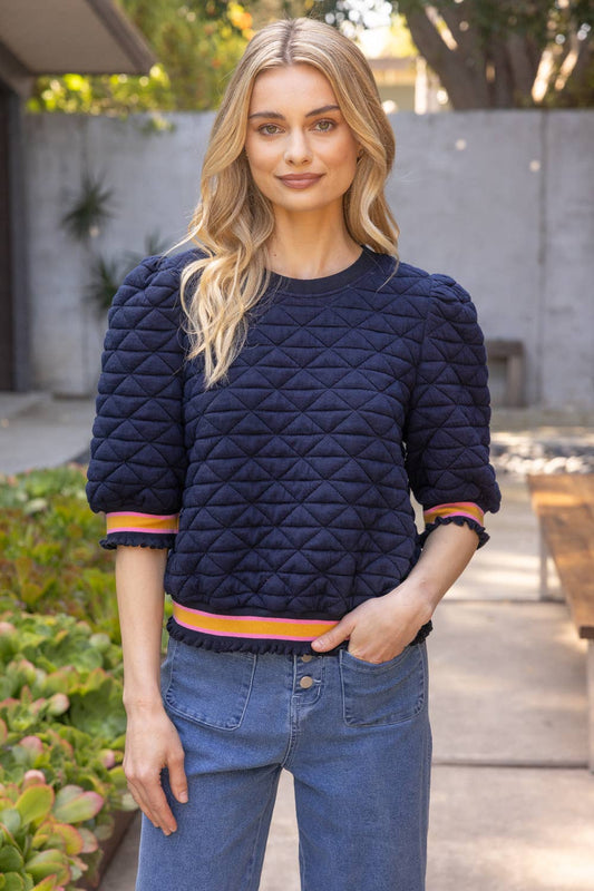 VOY - 34600 Quilted Striped Band Knit Top: Navy / L