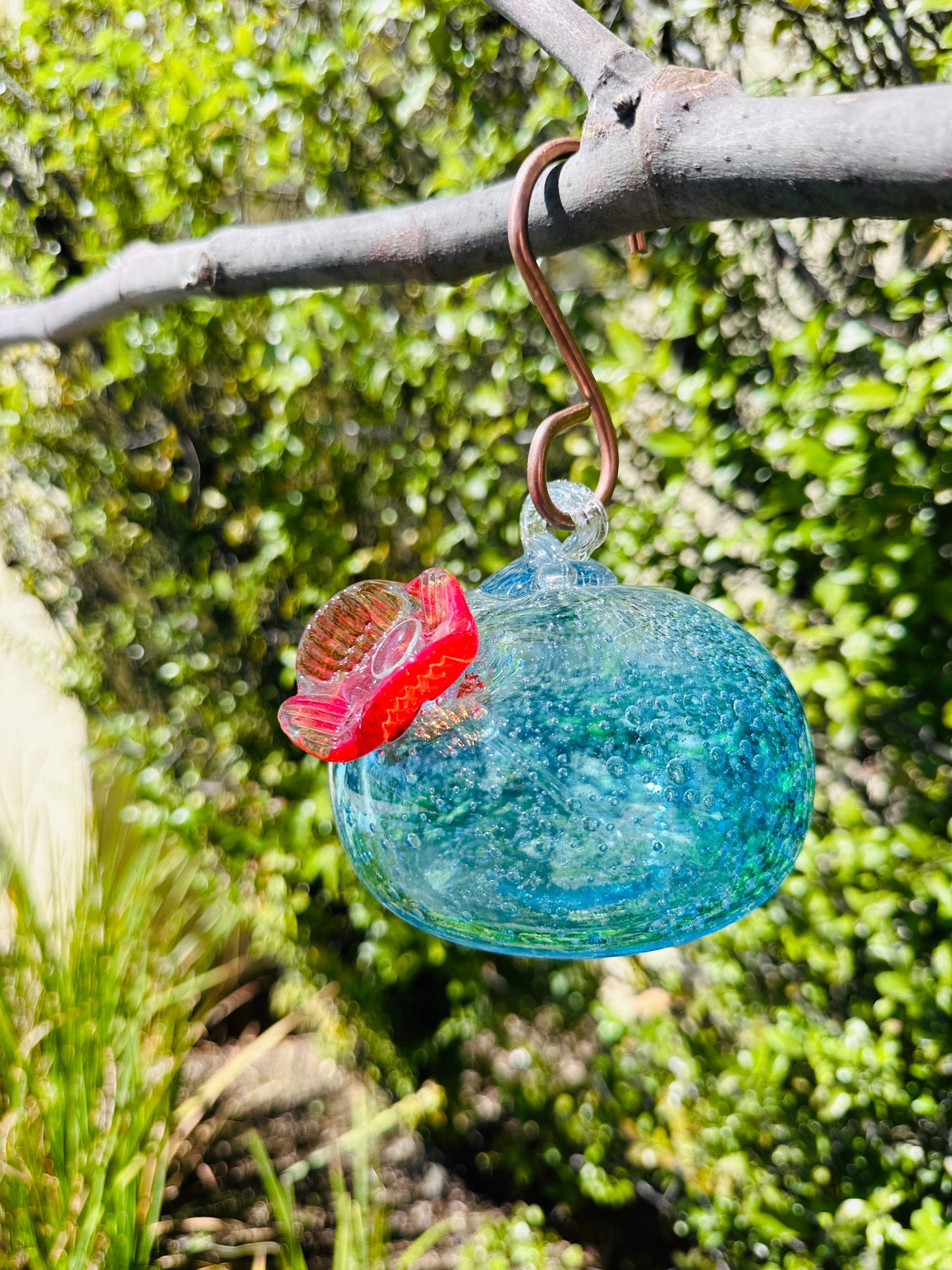 Handblown Artisanal Glass Hummingbird Feeder