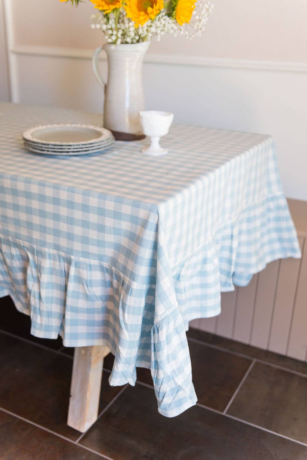 Galley and Fen - Blue Ruffled Gingham Tablecloth: 60" x 90"