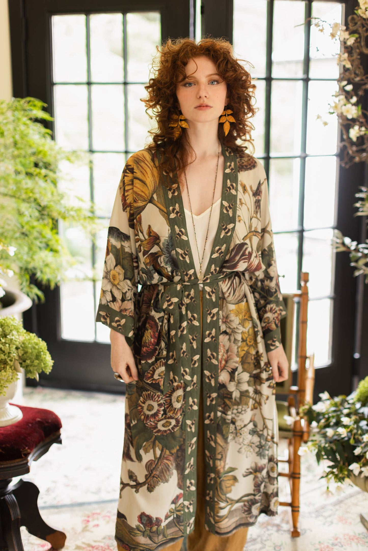 Market of Stars - Love Grows Wild Floral Bamboo Kimono Duster Robe with Bees