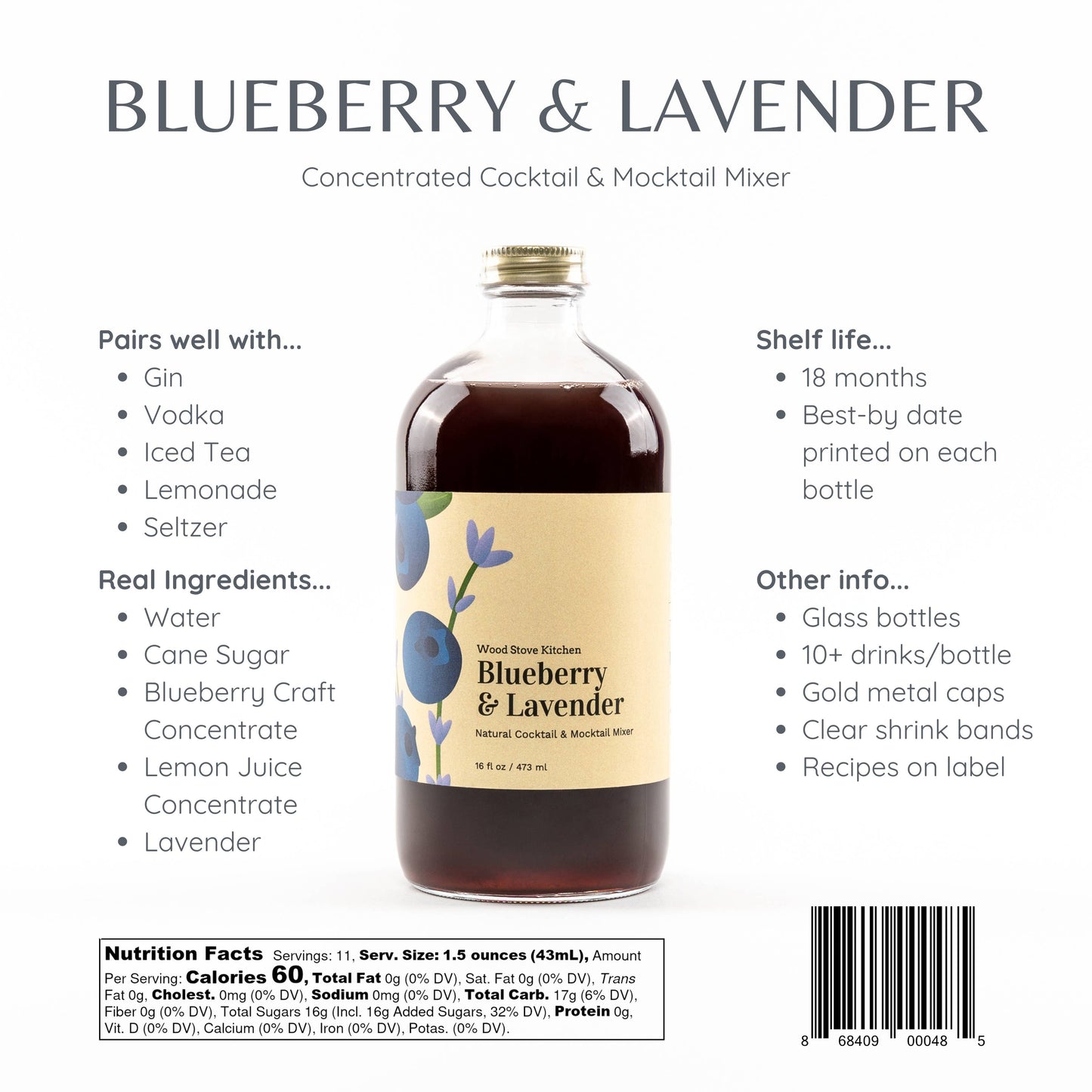 Wood Stove Kitchen - Blueberry and Lavender Cocktail Mixer and Mocktail Mixer, 16 fl oz