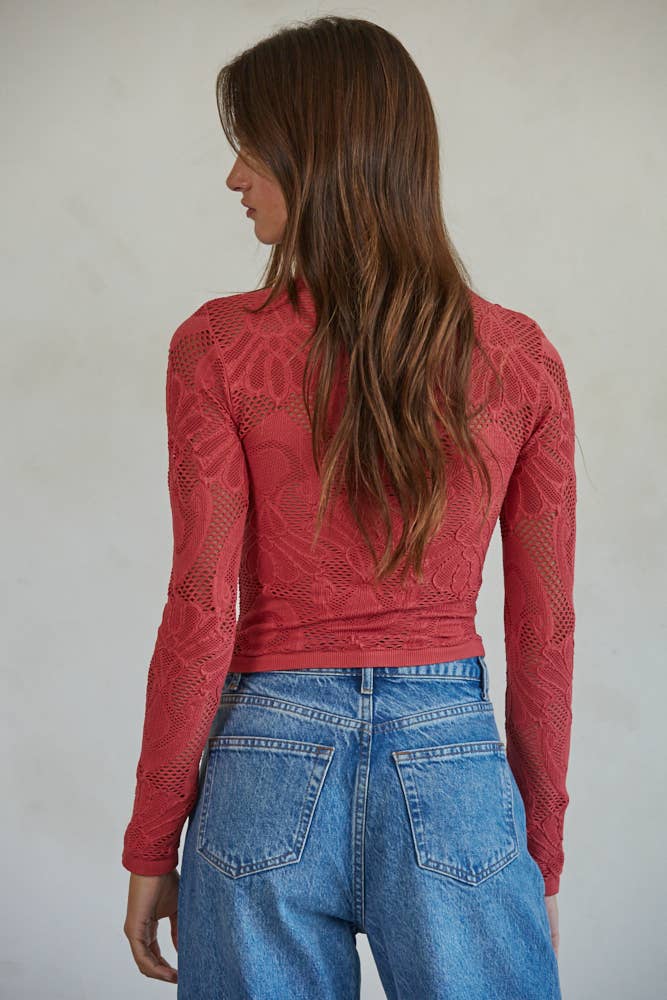 By Together - S1228 | Knit Seamless Jacquard Mock Neck Long Sleeve Top