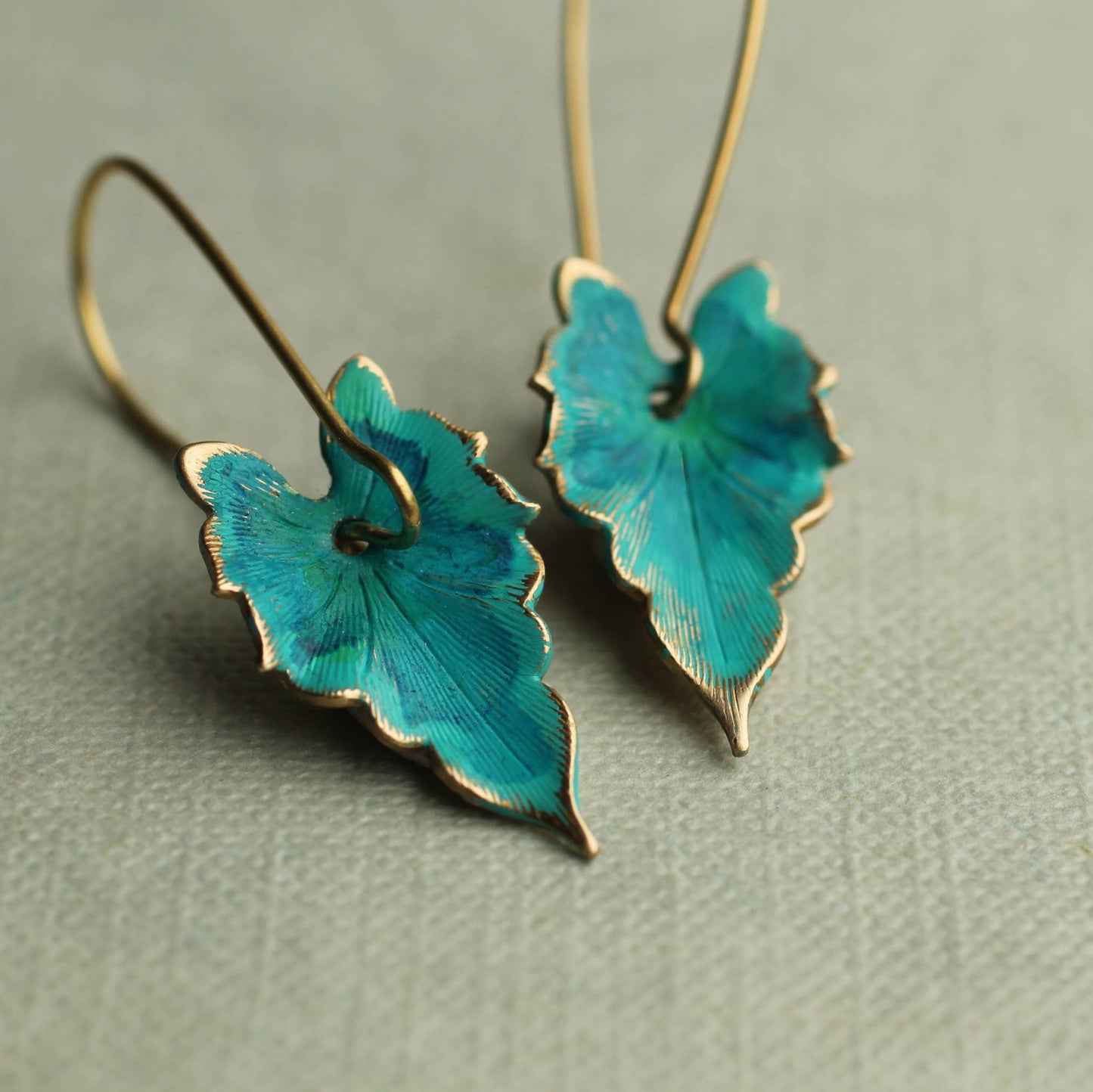 Silk Purse, Sow's Ear - Verdigris Leaf Turquoise Green Earrings: Medium (3.5cm)