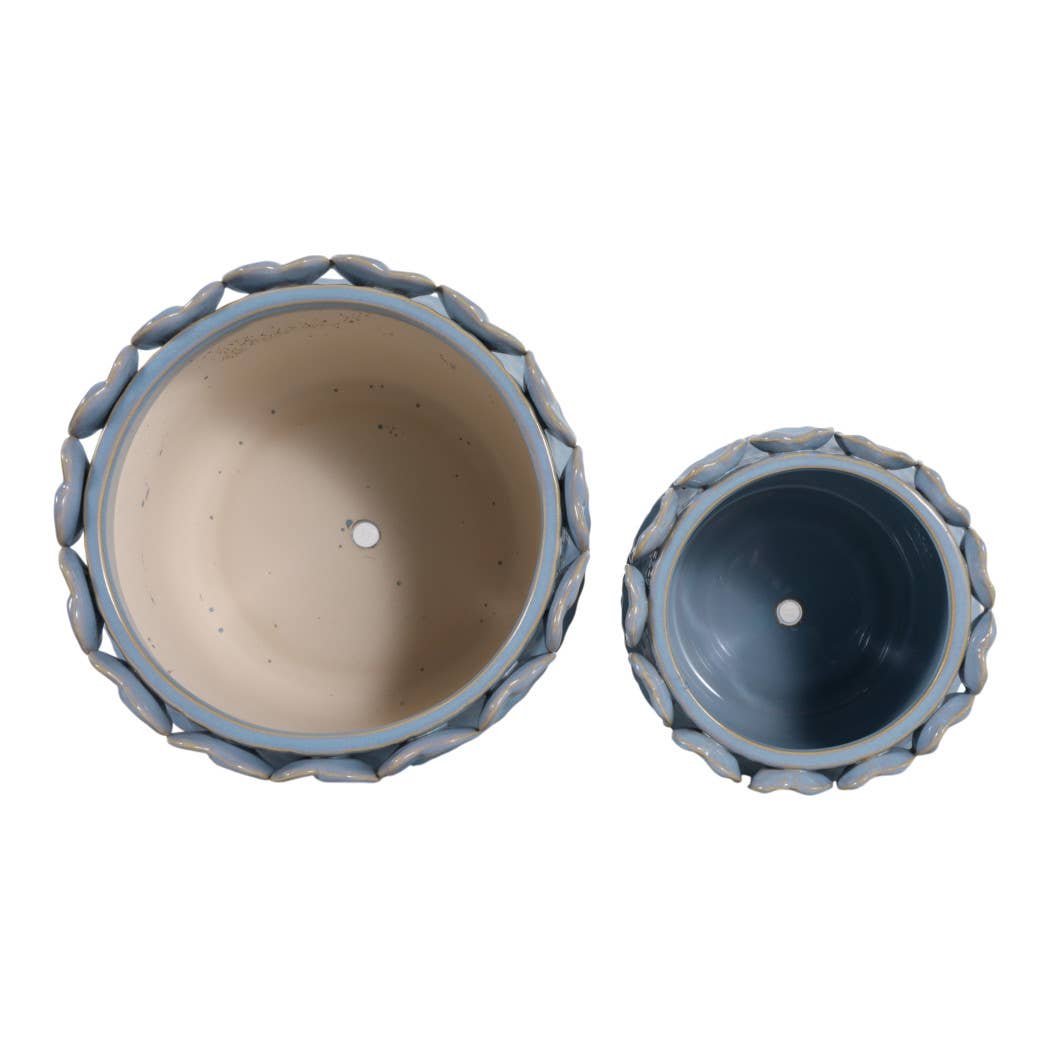 Sagebrook Home - Plant Pot Set of 2  - Blue Ceramic Leaf Applique, 7/10 in.
