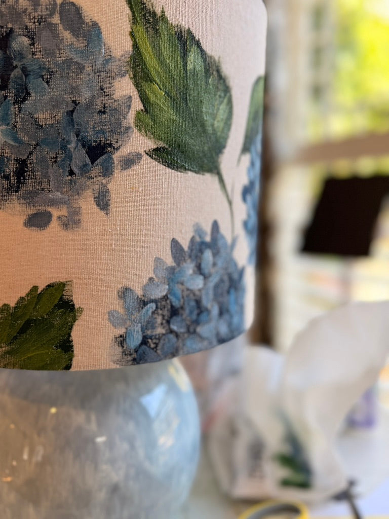 Hydrangea Painted Lamp Shade with Blue Base