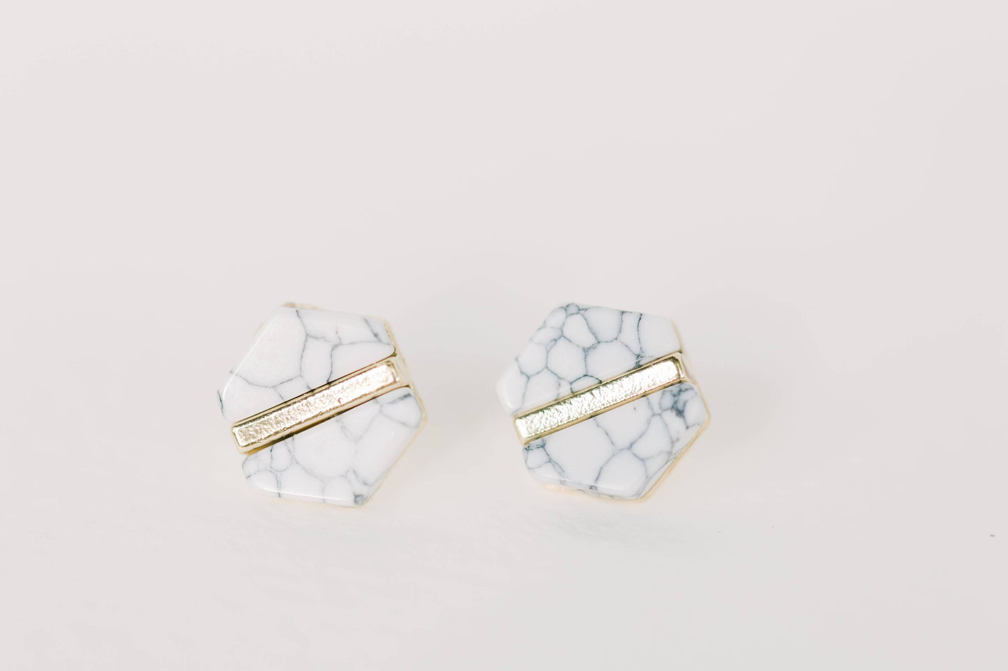 White Marble Hexagon Statement Stud Earrings