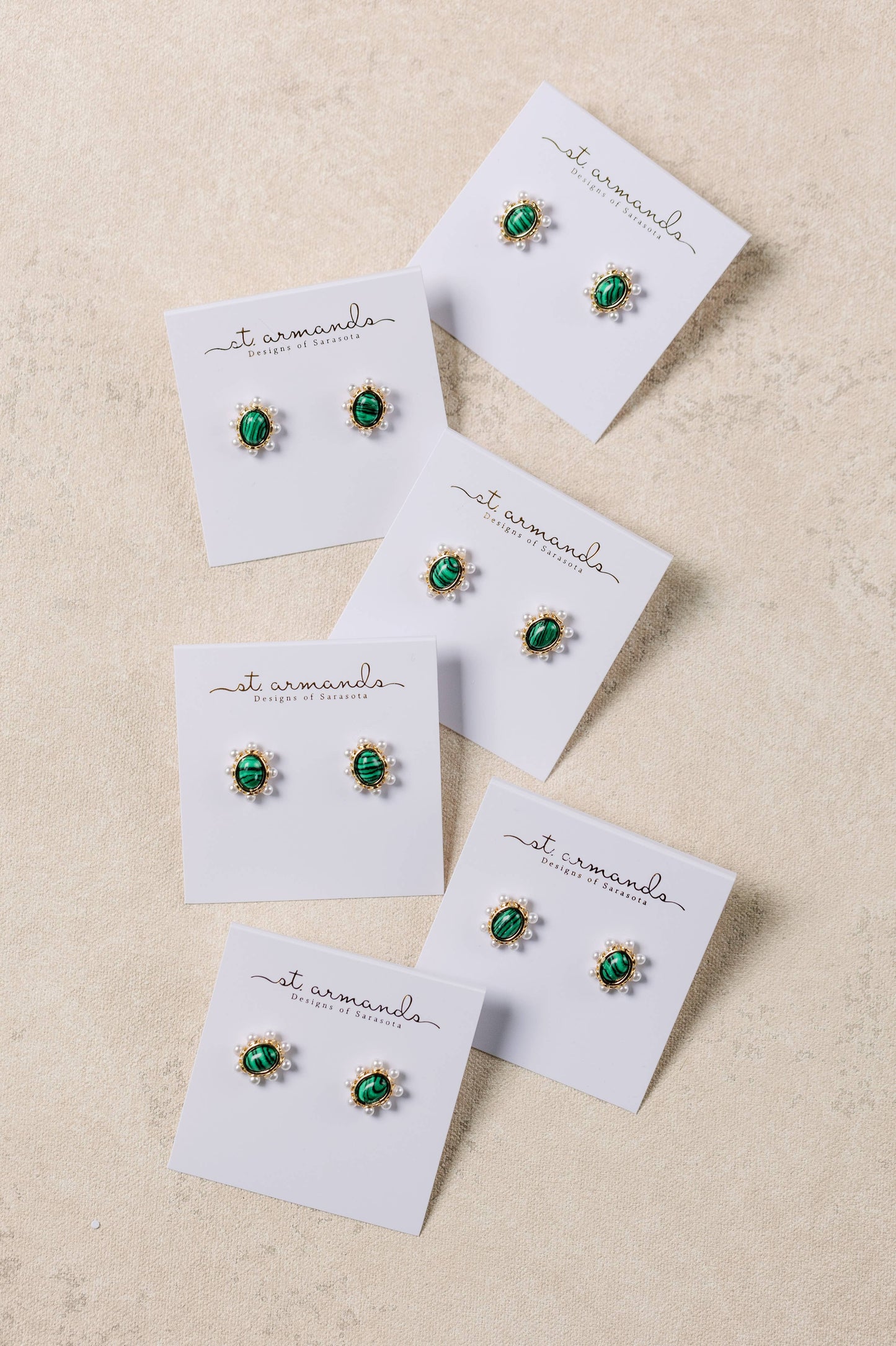 St Armands Designs of Sarasota - Green Malachite and Pearl Oval Stud Earrings