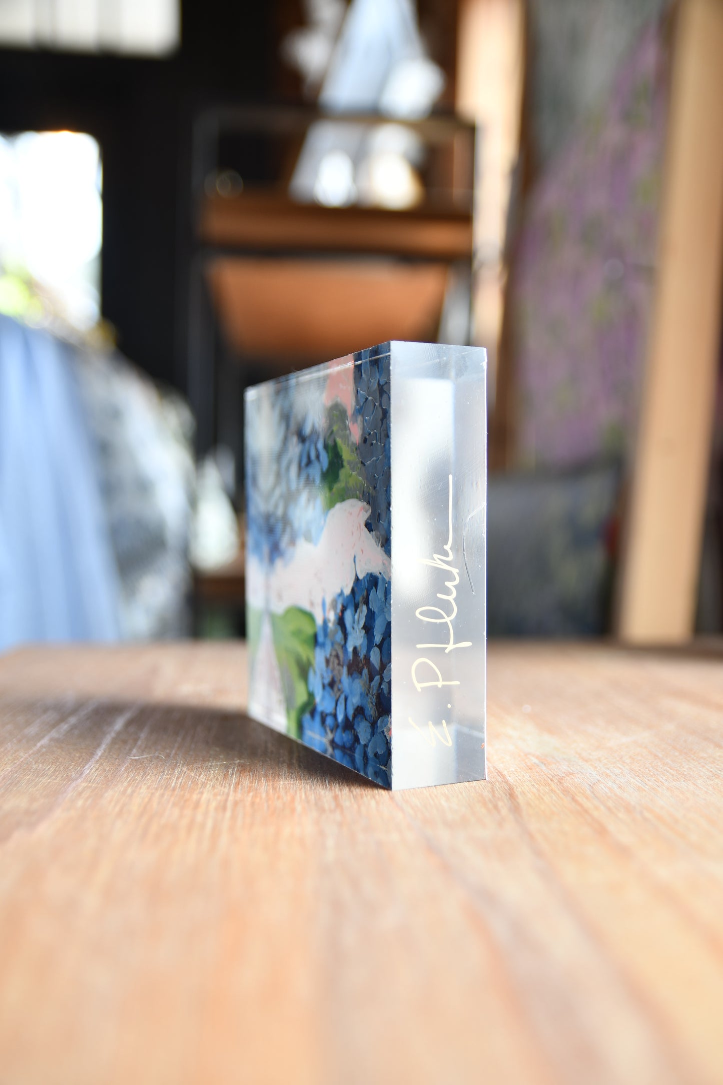 Hydrangea 4x4" Acrylic painting on Lucite