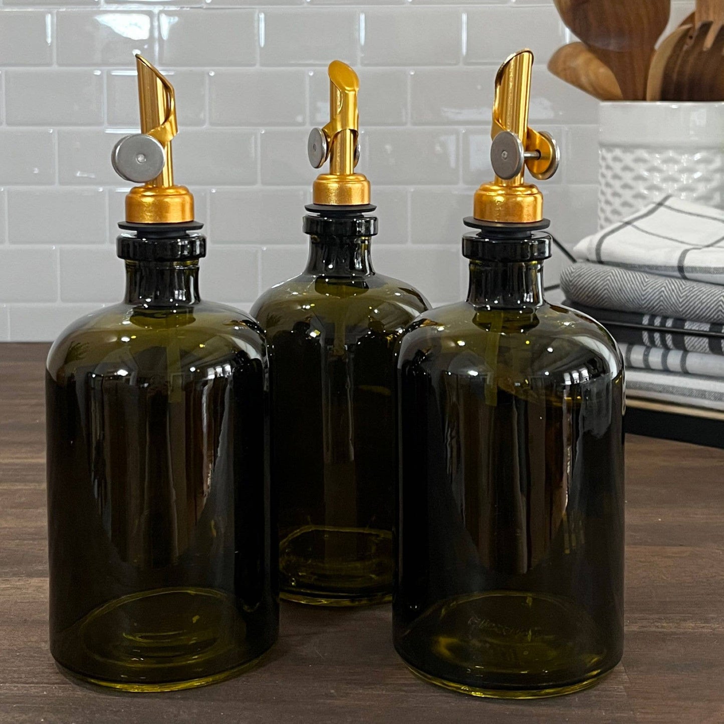 The Bottle Shoppe - 16 oz Apothecary Vintage Green Glass Bottle with Pour Spout: Gold Rubber