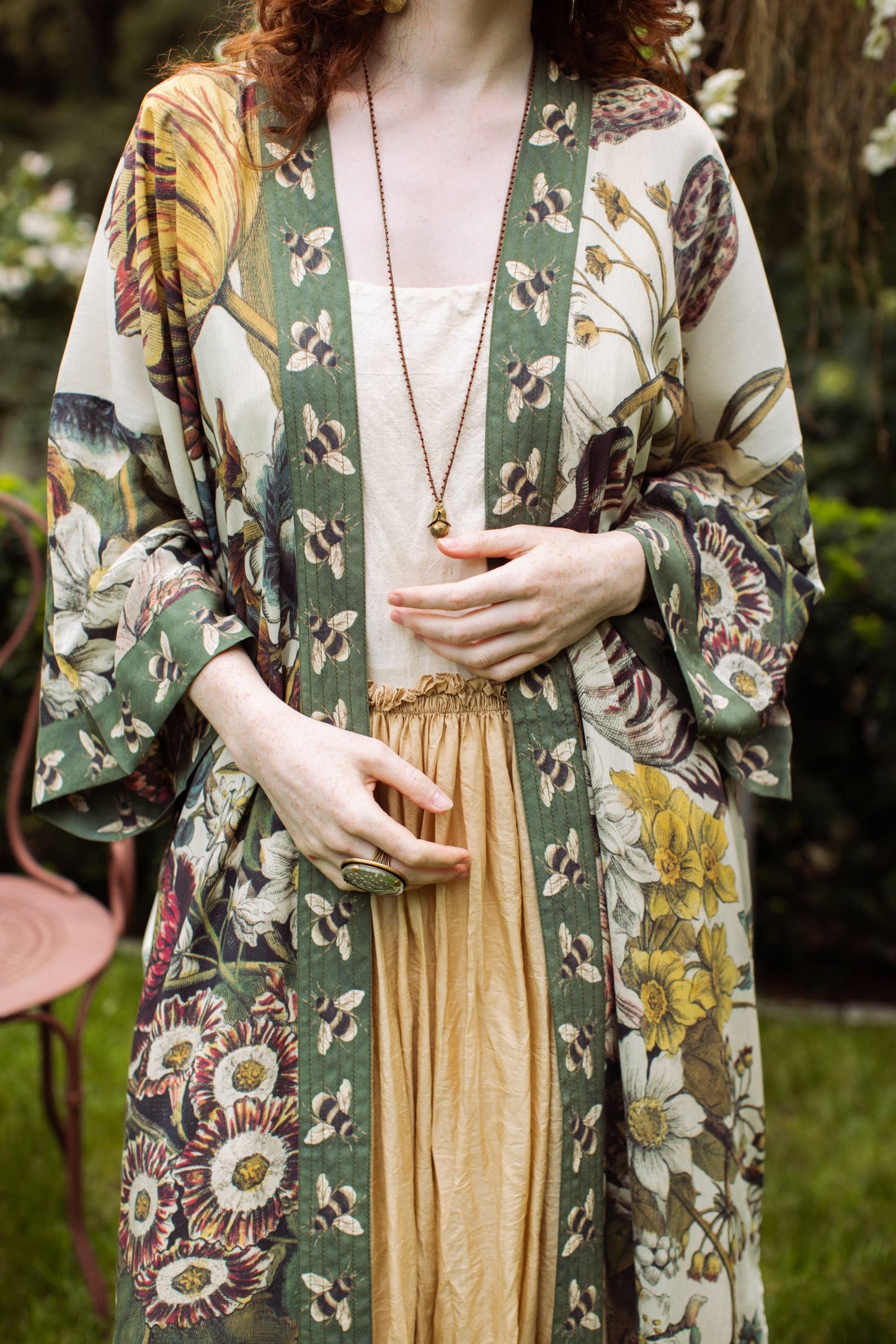 Market of Stars - Love Grows Wild Floral Bamboo Kimono Duster Robe with Bees