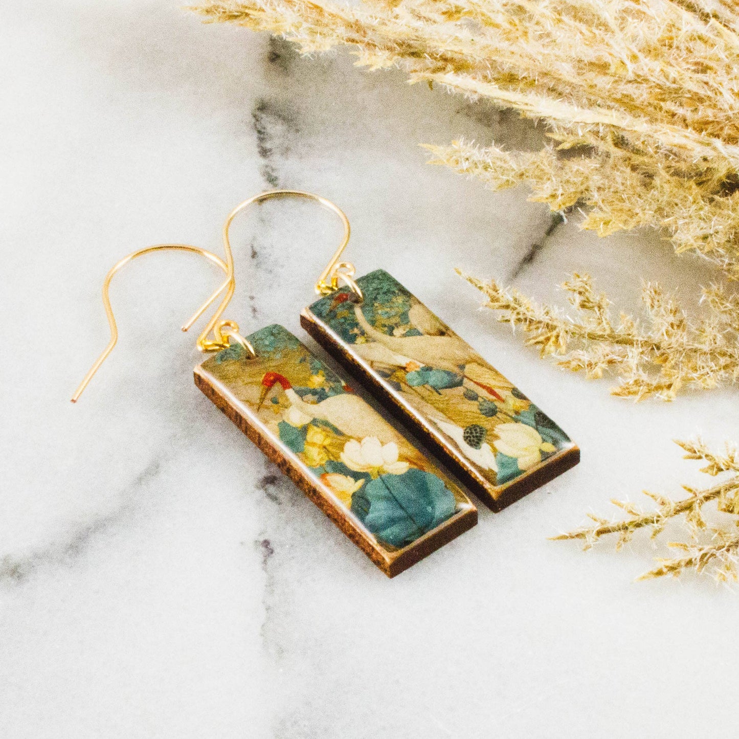 No Man's Land - Japanese Teal Crane Rectangle Earrings