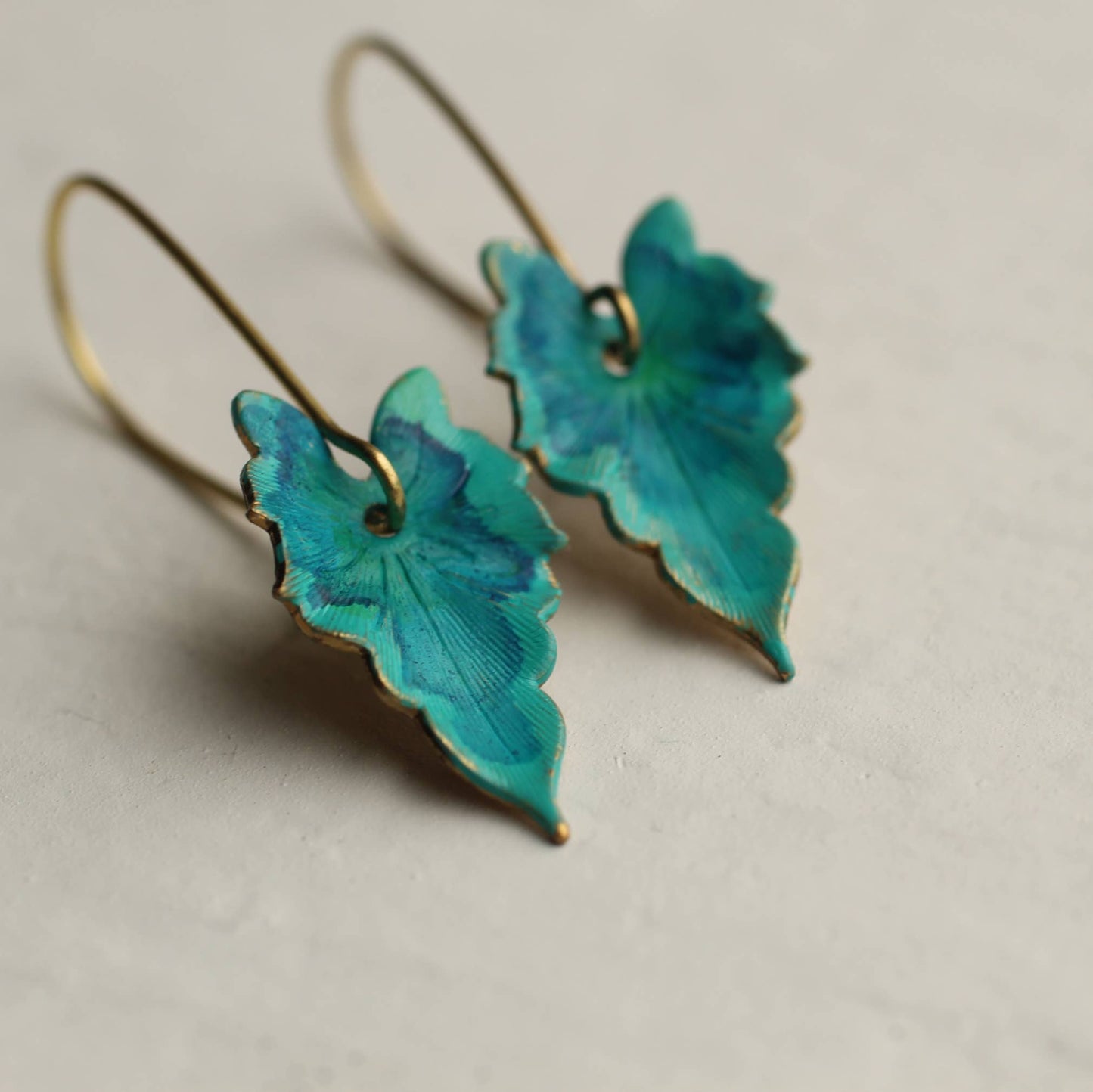 Silk Purse, Sow's Ear - Verdigris Leaf Turquoise Green Earrings: Medium (3.5cm)