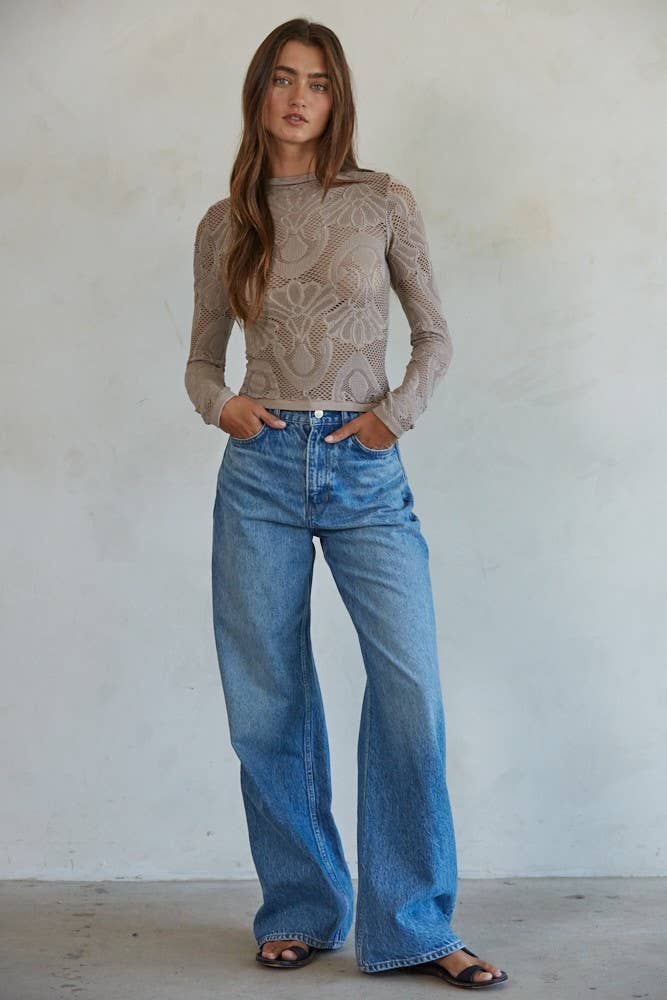 By Together - S1228 | Knit Seamless Jacquard Mock Neck Long Sleeve Top