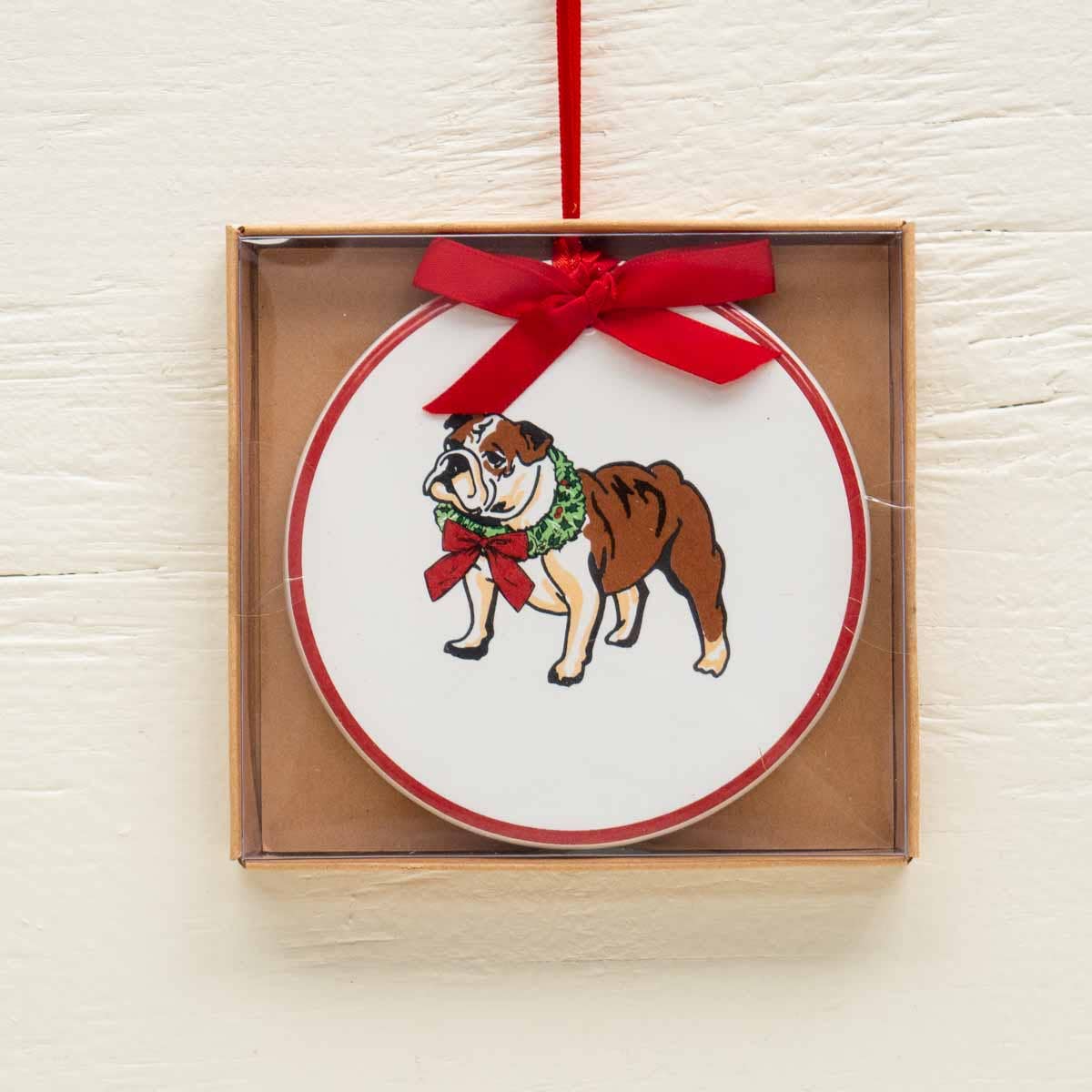 Bulldog Wreath Ornament   White/Multi   4"