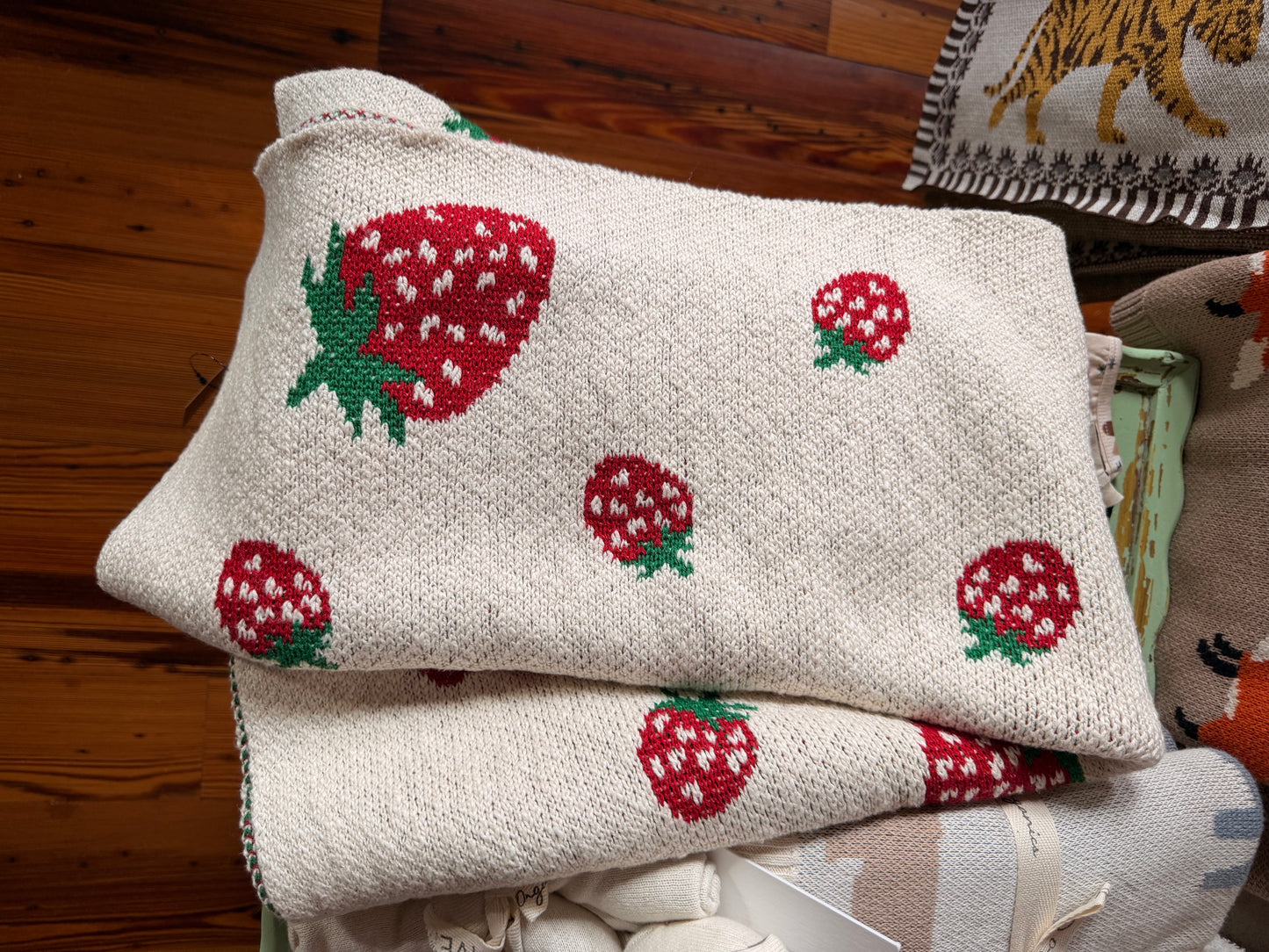 Cotton Knit Baby Blanket with Strawberries, Cream Color, Red & Green