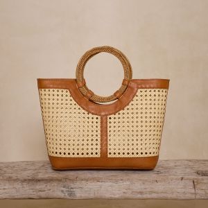 Leather / Rattan Cane Weave Tote w/ Round Handle