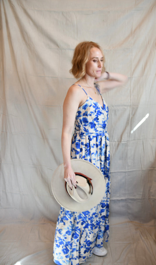 Emilia Blue Watercolor Flower Maxi Dress