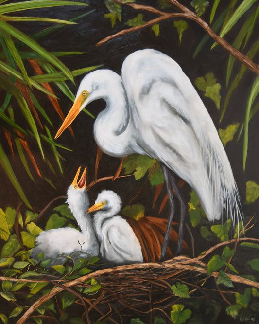 Egret Mama and Babies Art Print  8x10