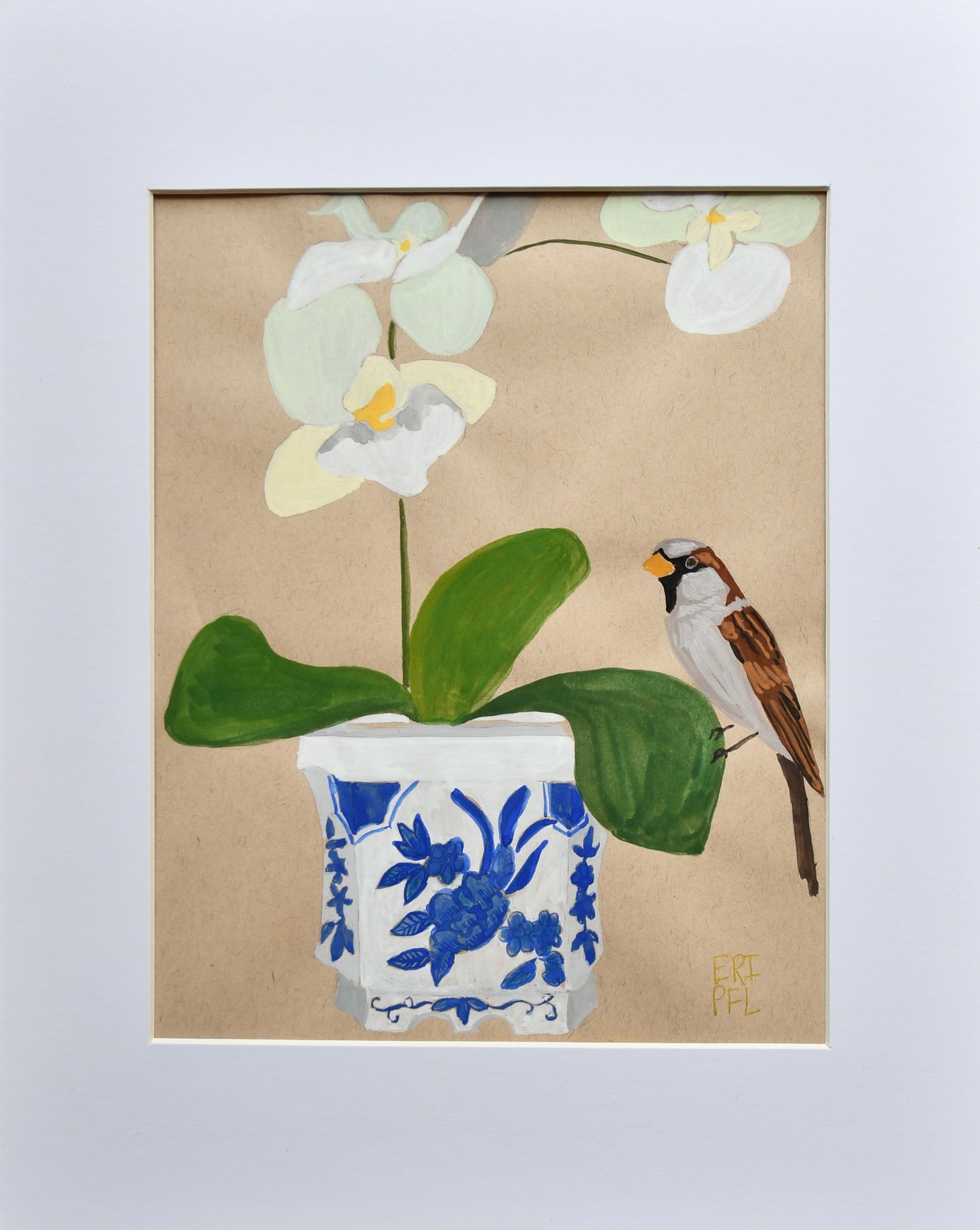 Blue & White Vessel with Sparrow on Paper