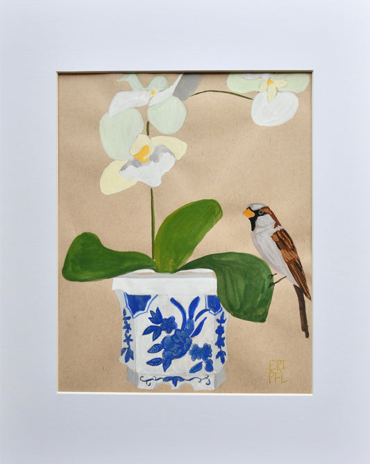 Blue & White Vessel with Sparrow on Paper
