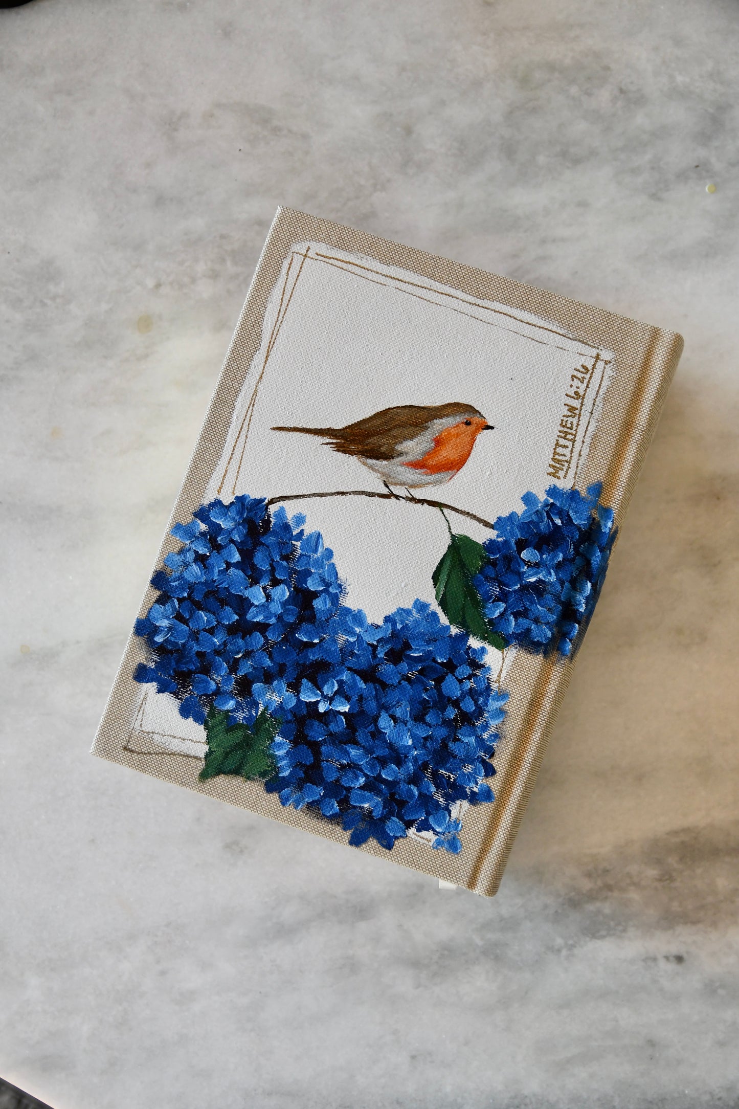 Hand painted Bible -Hydrangeas & Robin