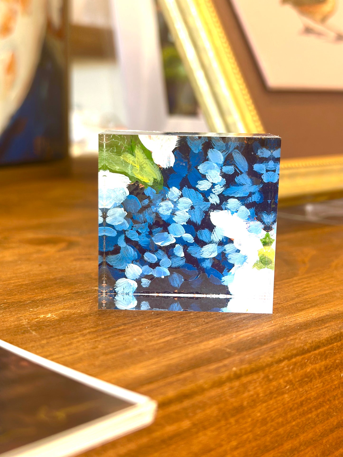 Hydrangea 2x2" Acrylic painting on Lucite