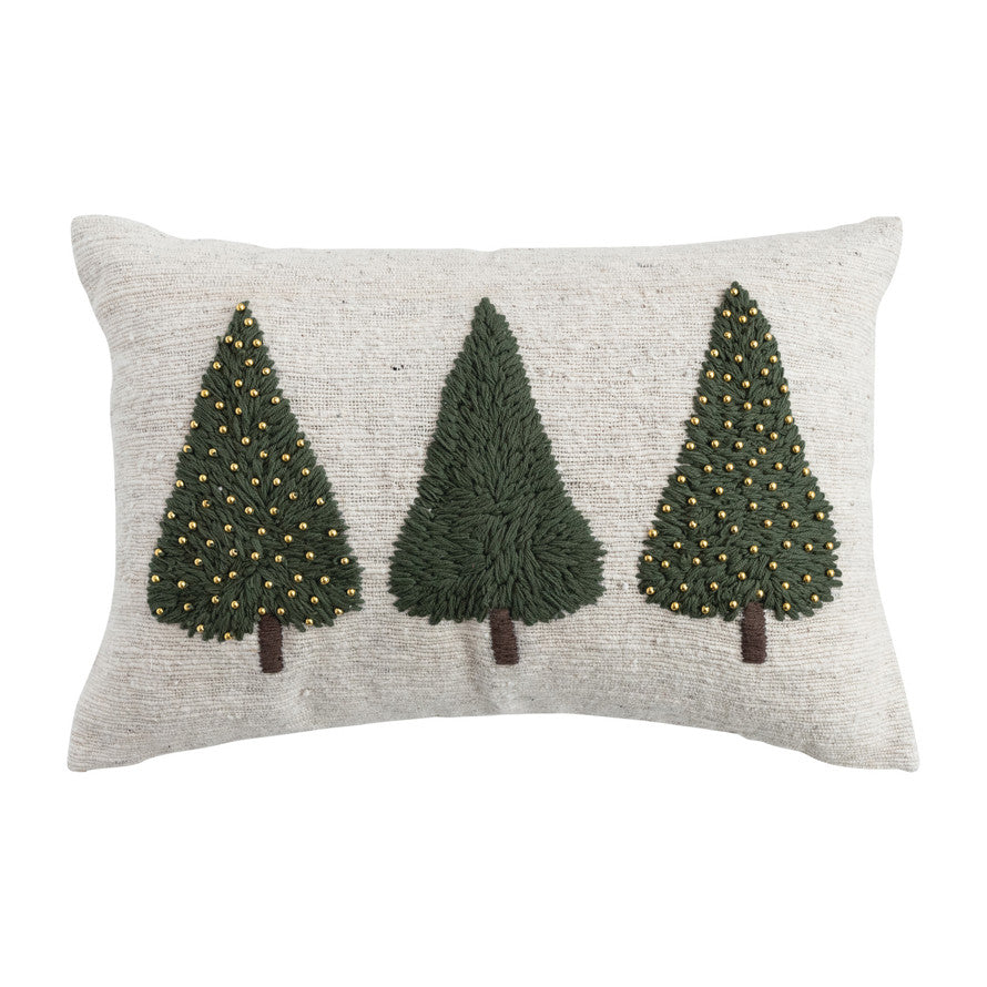 Hand-Woven & Wool Lumbar Pillow with Embroidered Trees & Beads