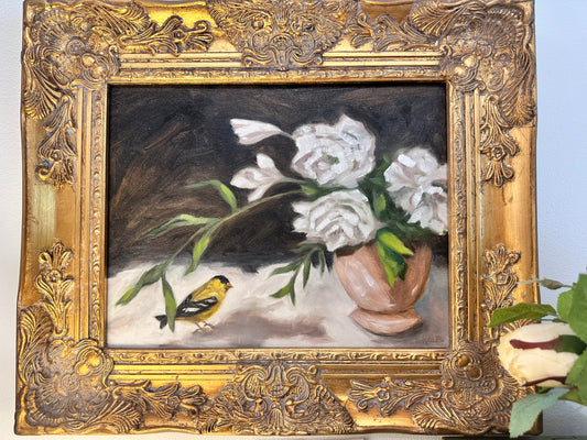 Goldfinch and Peonies Original Framed Art