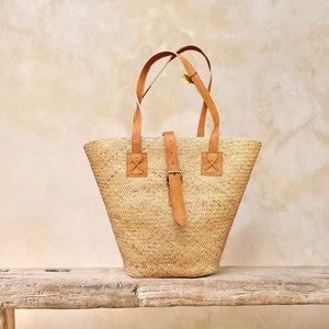 Leather Rattan Basket Drawstring Bag