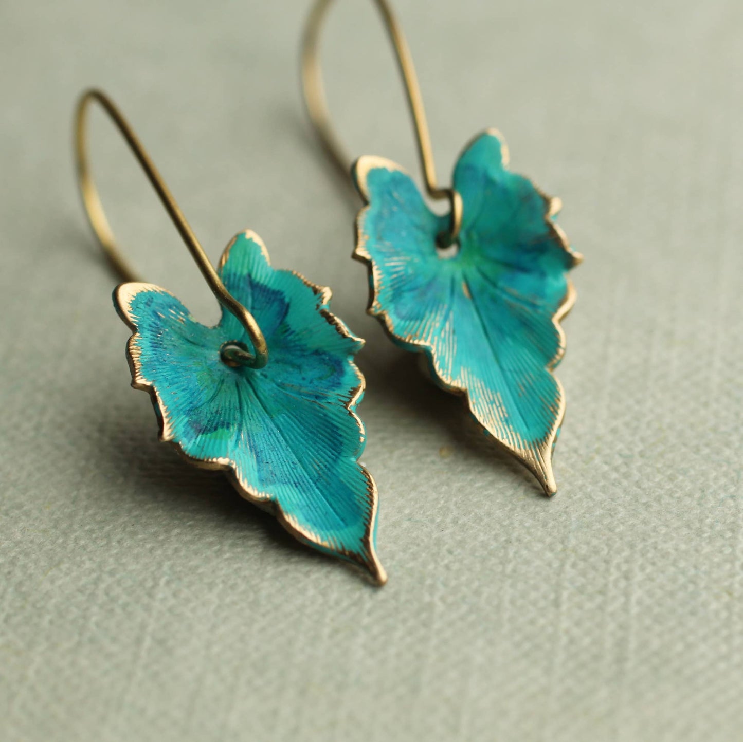 Silk Purse, Sow's Ear - Verdigris Leaf Turquoise Green Earrings: Medium (3.5cm)