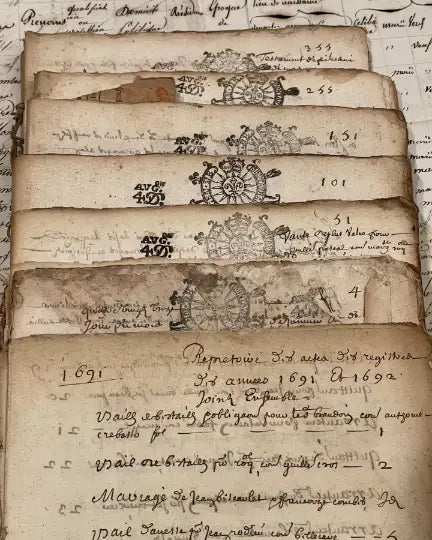 Monahan Papers - Original 1600s Stamped Antique French Script Document Pages
