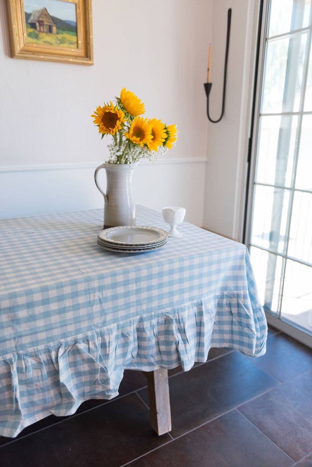 Galley and Fen - Blue Ruffled Gingham Tablecloth: 60" x 90"