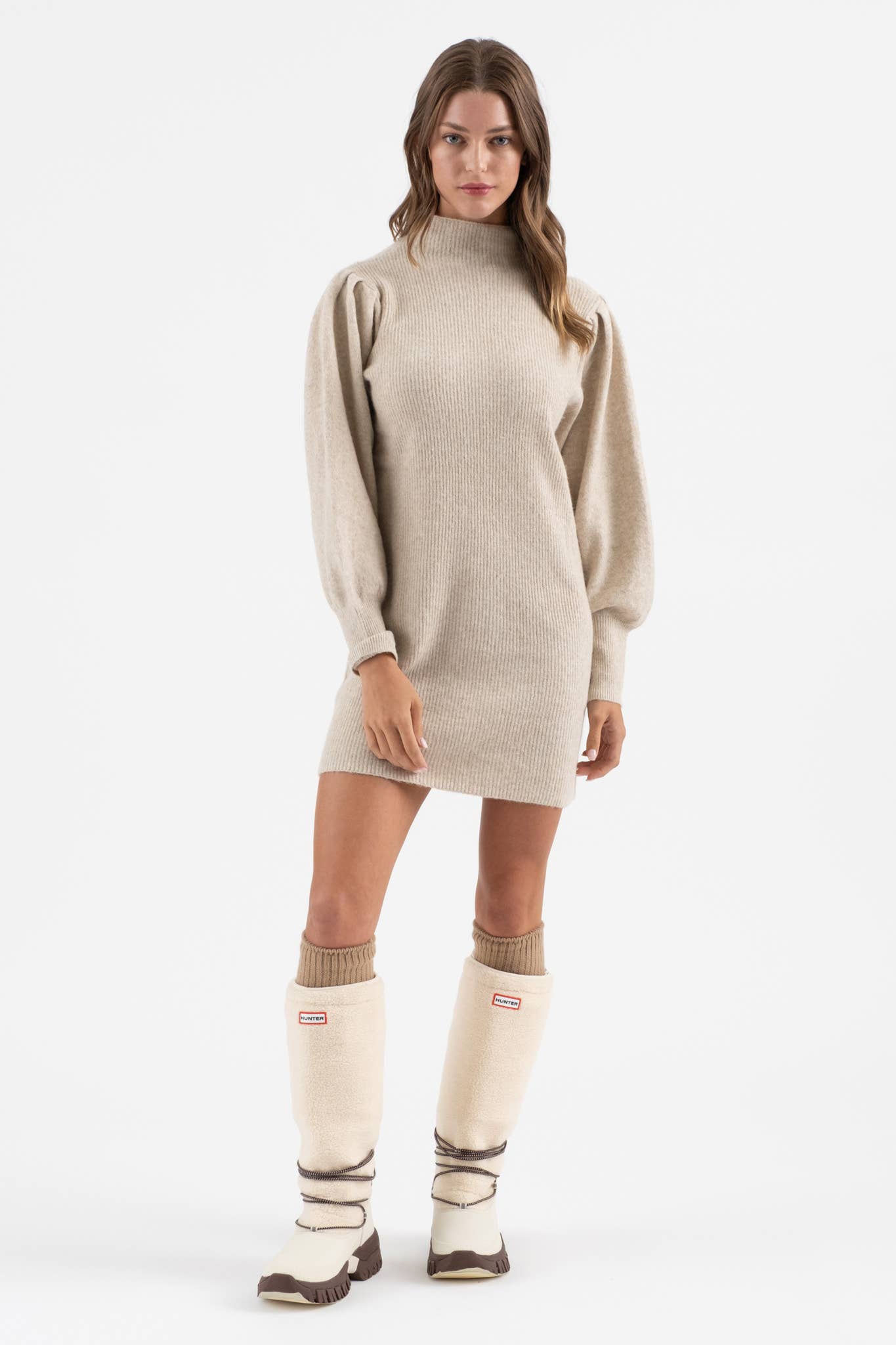 Blu Pepper - MOCK NECK LONG PUFF SLEEVE KNIT SWEATER DRESS