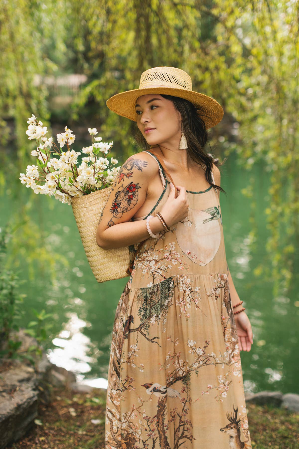 Market of Stars (USA) - Fable Bohéme Long Maxi Slip Dress w/ Blossoms, Deer & Moon
