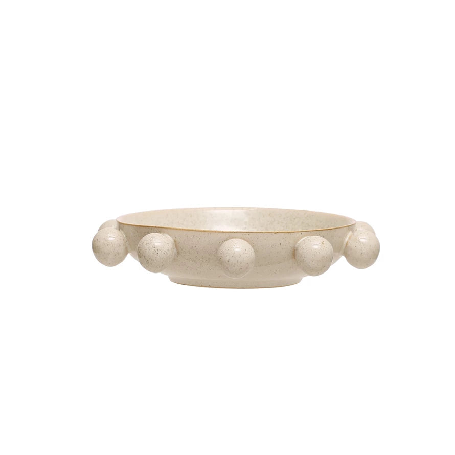 Stoneware Bowl w/ Orbs, Reactive Glaze, Cream Color Speckled (Each One Will Vary)