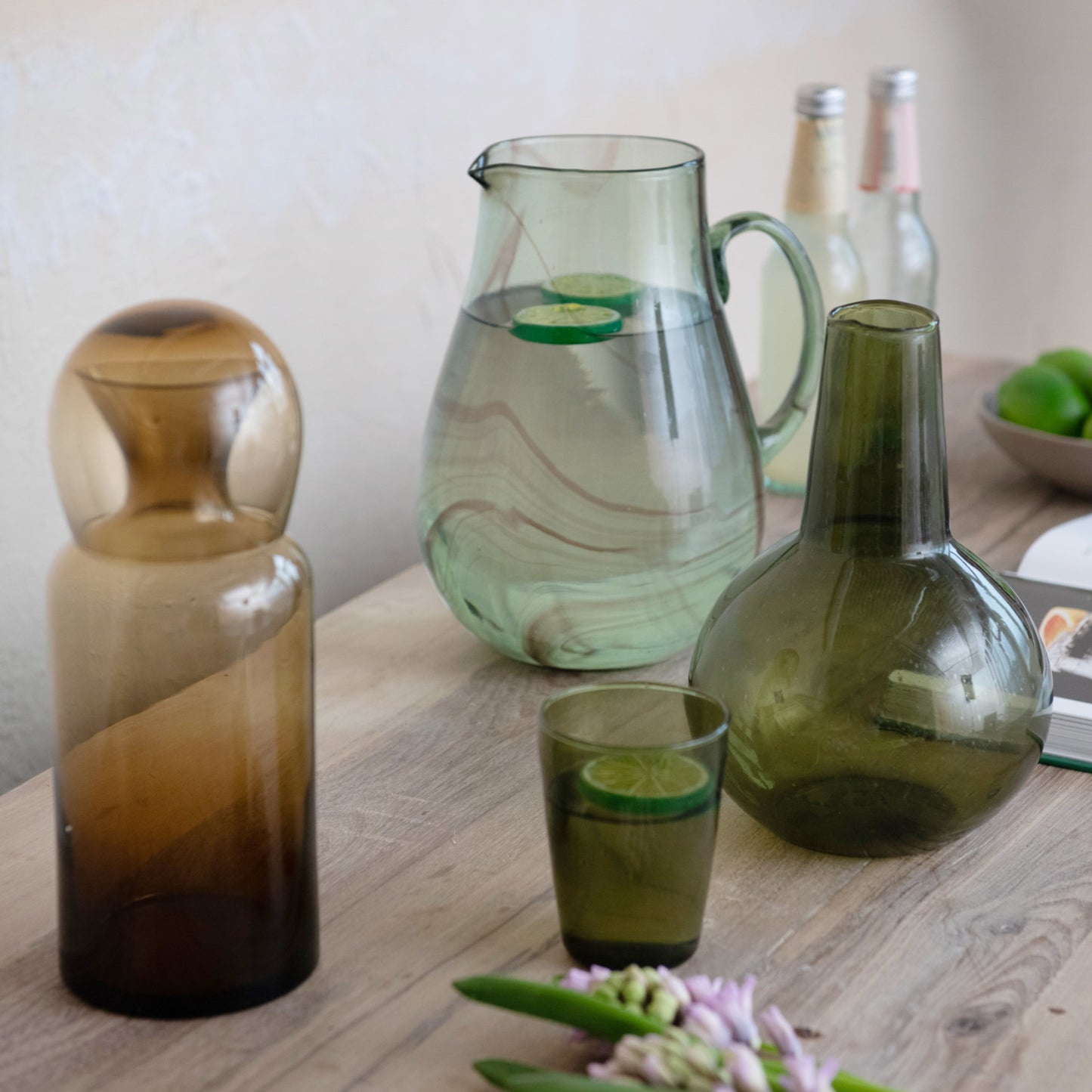 3 Quart Hand-Blown Recycled Glass Pitcher, Marbled Green & Purple