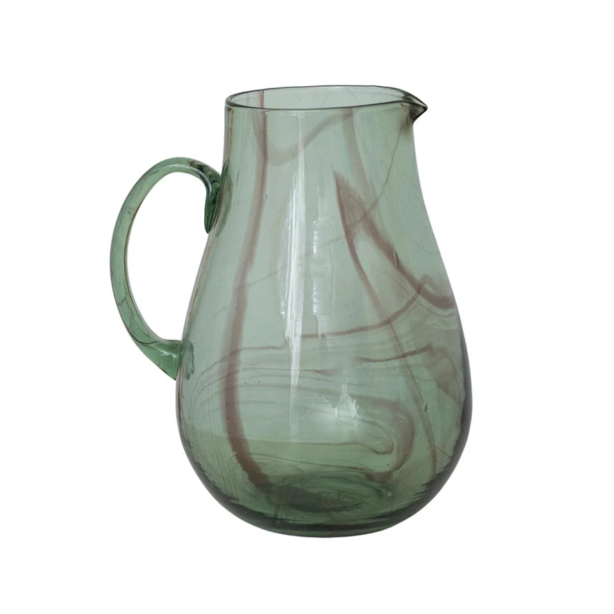 3 Quart Hand-Blown Recycled Glass Pitcher, Marbled Green & Purple