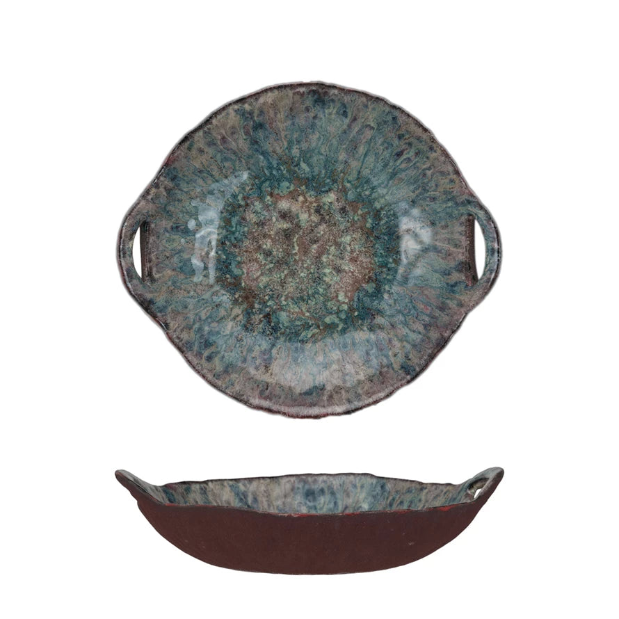 Stoneware Bowl w/ Handles, Reactive Glaze (Each One Will Vary)