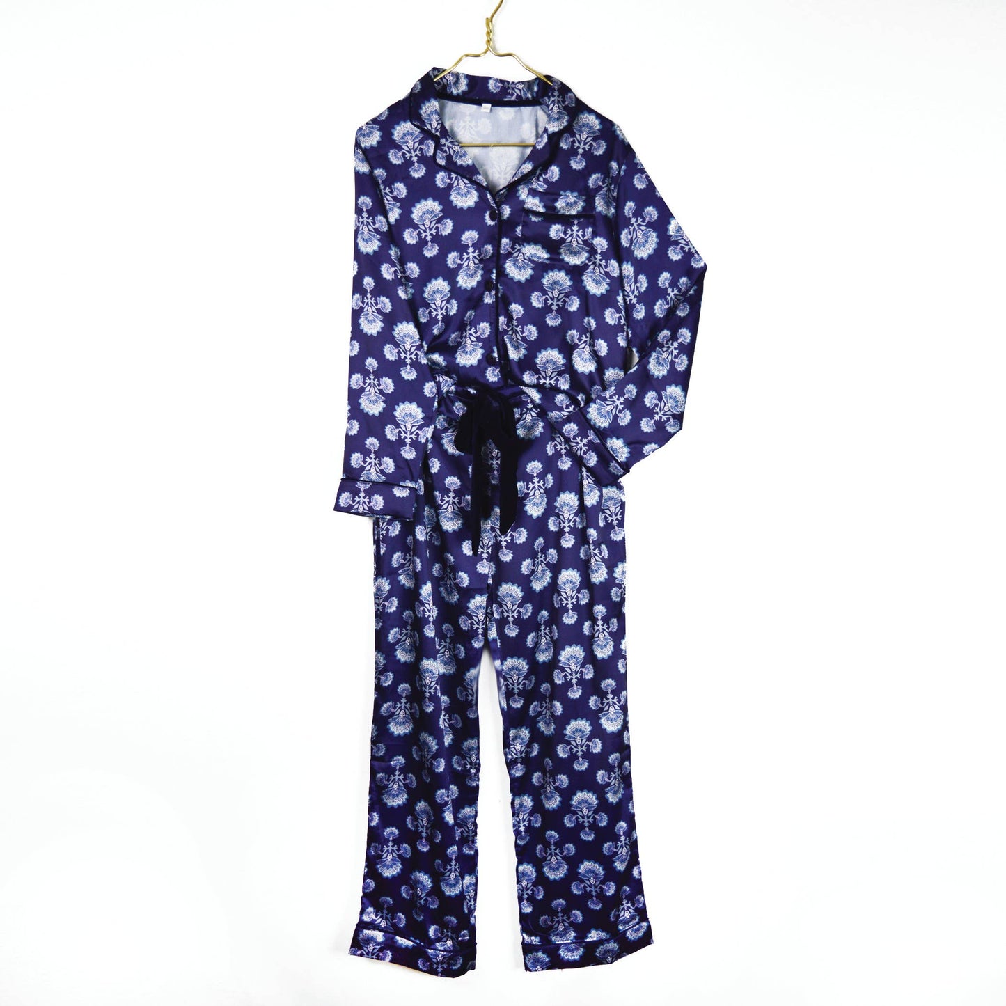 8 Oak Lane - Navy Fan Satin Pant PJ Set: Medium