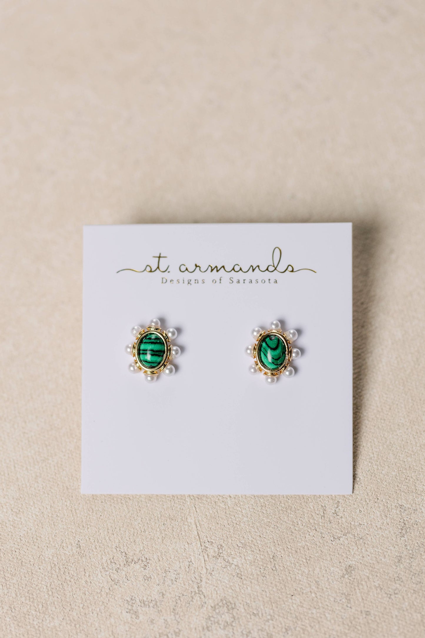 St Armands Designs of Sarasota - Green Malachite and Pearl Oval Stud Earrings